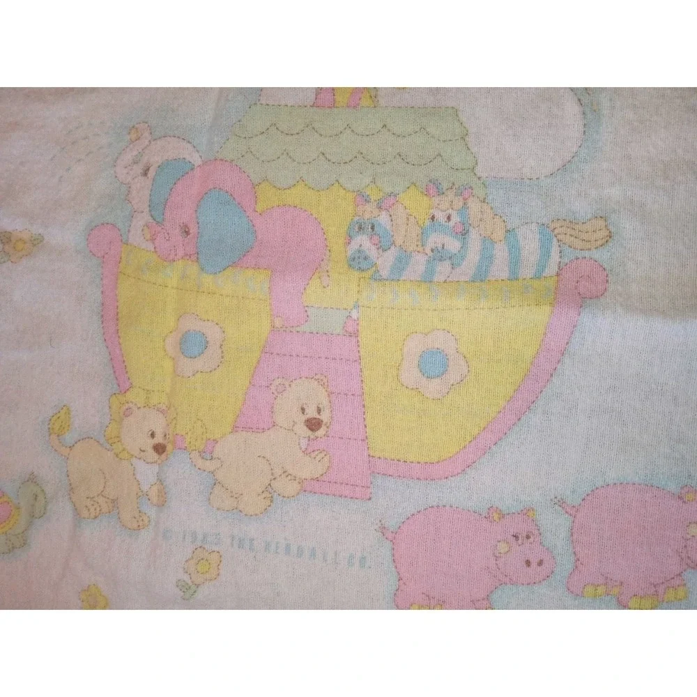 Vintage 1985 Curity Noahs Ark Baby Blanket Pastel Animals Flannel Kendall Co